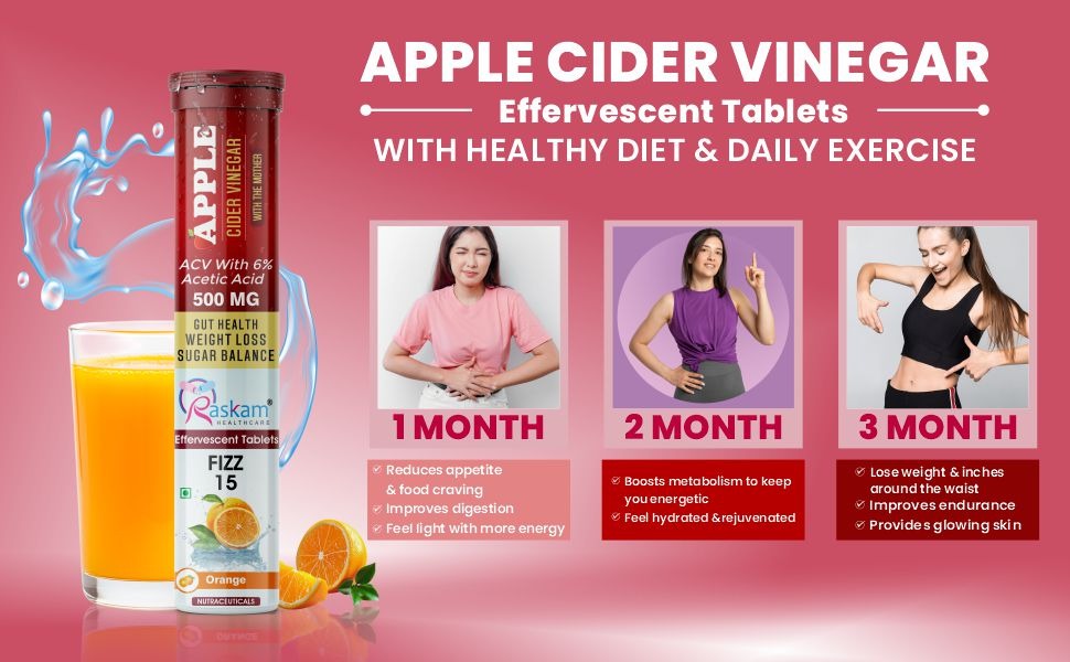 Apple Cider Vinegar Effervescent Tablet ACV With Mother 15 Effervescent Tablets 500mg (Pack of 1, Orange)