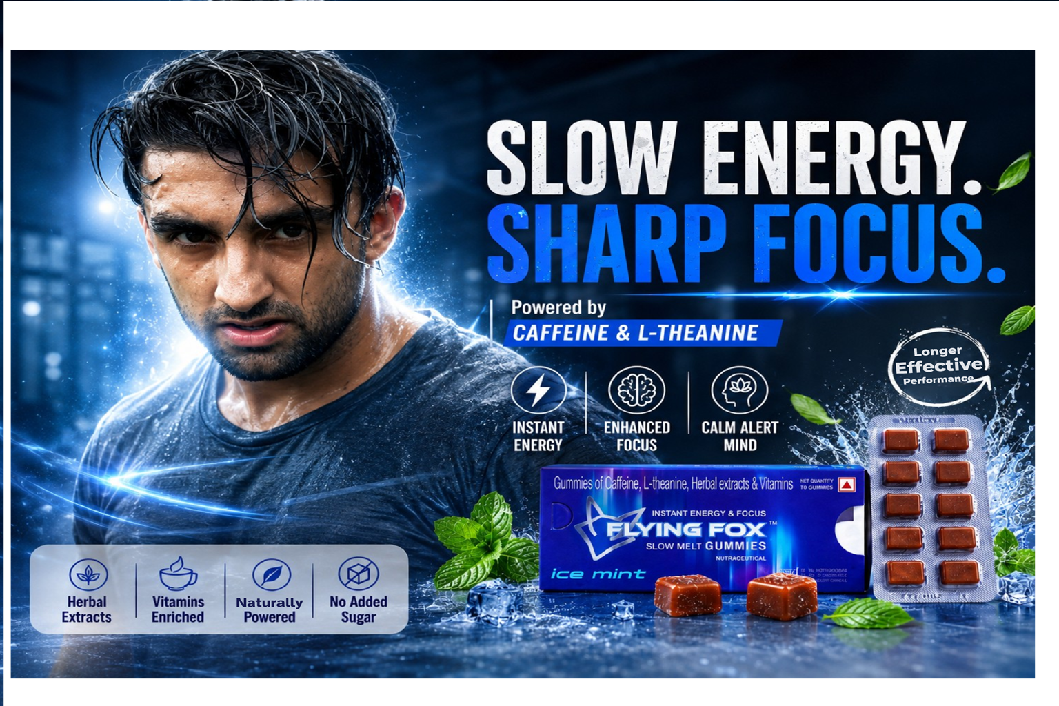 Flying Fox Slow Melt Energy Gummies | Quick Energy Boost & Enhanced Focus | Natural Caffeine+ L-Theanine, Ashwagandha, Amaranth, Galangal Vitamin B3,B6, B12 | Sugar Free| Ice Mint | 10 Gummies