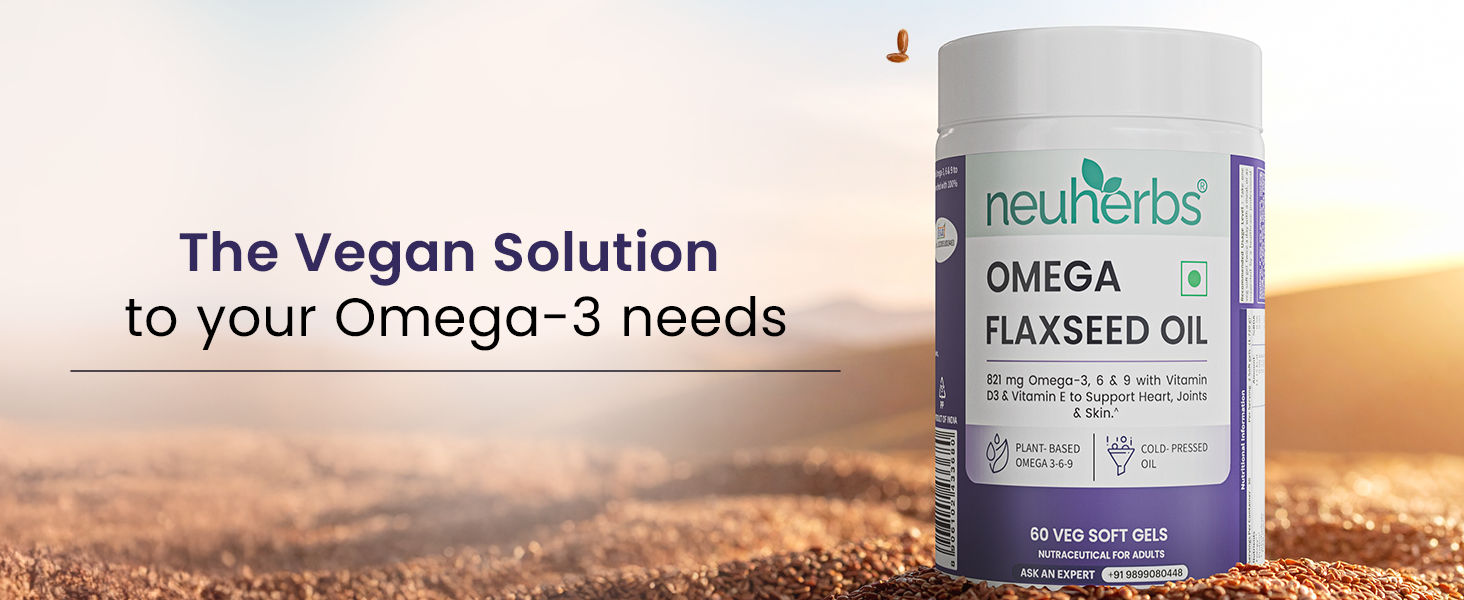 Neuherbs Flaxseed Oil Omega 3 6 9 Capsules 1000mg For Men & Women | Cold Pressed Flaxseed Oil Veg Omega-3 Supplement With Vitamin D3 & E | Supports Heart, Joint & Skin Health - 60 Softgels
