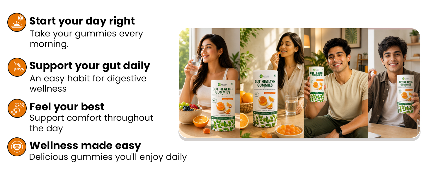 Gut and Beyond Gut Health Gummies 60 Count | Probiotic and Prebiotic Supplement | Relieves Bloating and Gas | Better Digestion and Immunity | Orange Flavour