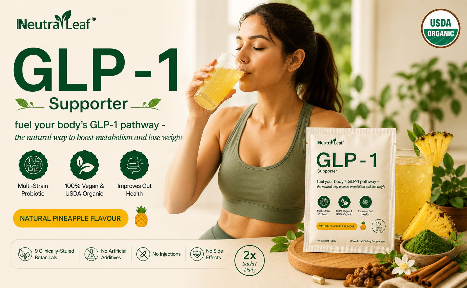 Neutraleaf GLP-1 Daily for Weight Loss | Appetite & Craving Control | Boost Metabolism & Balances Blood Sugar Level | ACV, Moringa, Cinnamon and Green Tea Extract | Pineapple Flavour |