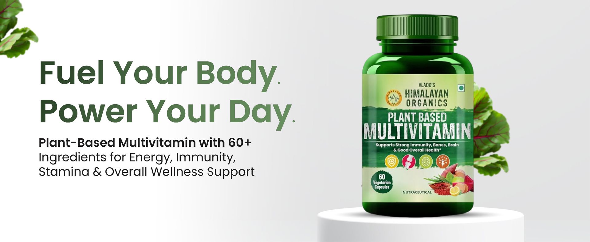 Vlado's Himalayan Organics Plant Based Multivitamin Supplement for Men & Women - 60+ Ingredients multi Vitamins For Men & Women With Vitamin B1, B2, B3, B5, B6, B7, B9, B12, A, C, D3, E, K2, Calcium, Iron , Zinc I Wholefood to support Immunity, Boost stamina, Increase Energy Levels & Overall Health - 60 Veg Capsules