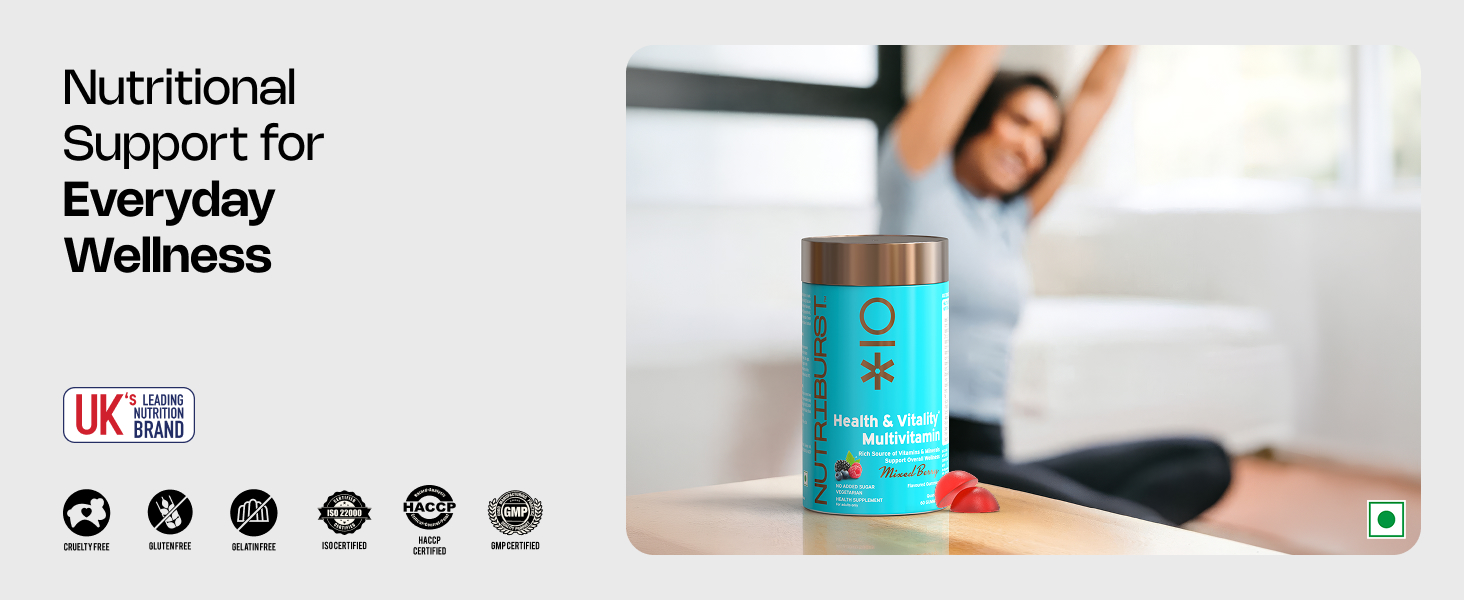 Nutriburst Multivitamin Gummies for Men and Women | Boosts Immunity, Energy & Overall Wellness | Vitamins A, B, C, D, E & Biotin | No Added Sugar | Health & Vitality | Mixed Berry Flavor | 100% Vegetarian | 60 Gummies