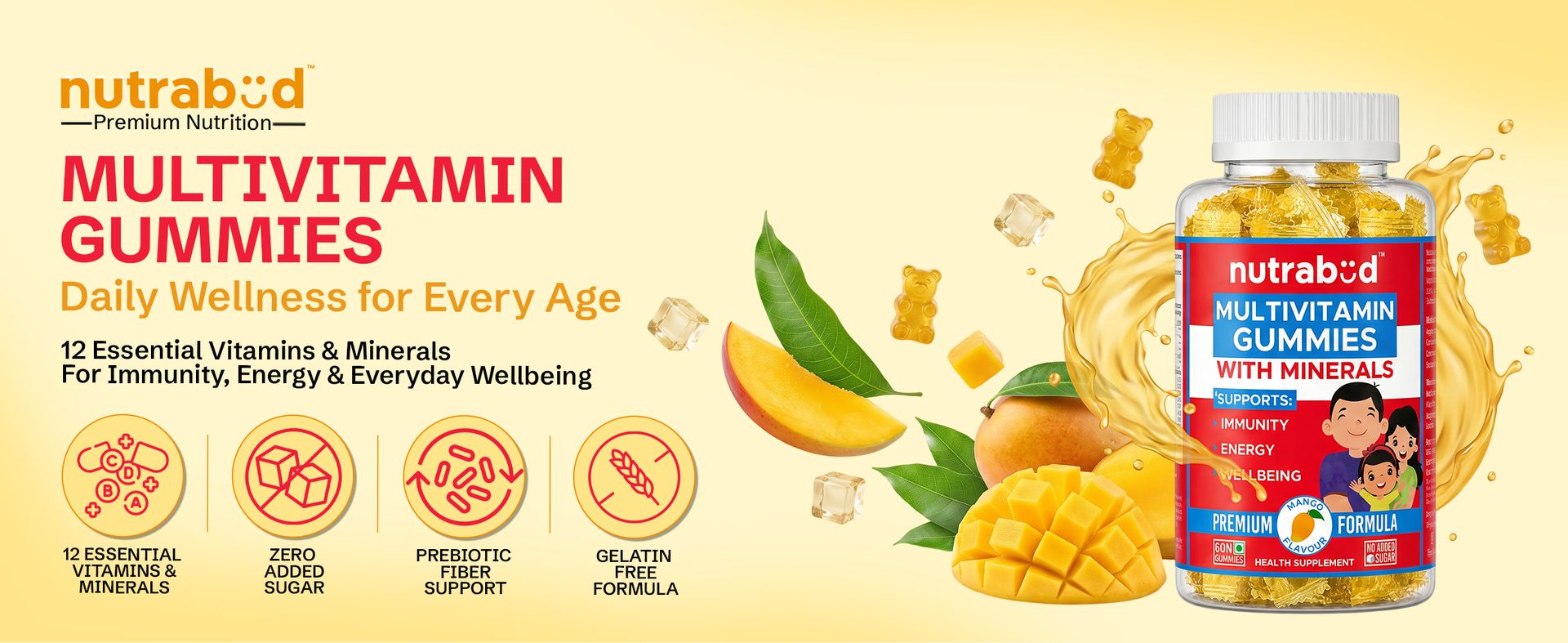 Nutrabud Multivitamin Gummies for Kids, Men, Women, Adults | No Added Sugar | For- Healthy Growth, Immunity & Energy | Mango Flavor Veg Gummy Bears Supplement - 60 Count (Pack Of 1)