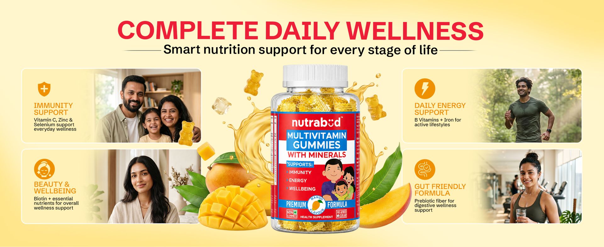 Nutrabud Multivitamin Gummies for Kids, Men, Women, Adults | No Added Sugar | For- Healthy Growth, Immunity & Energy | Mango Flavor Veg Gummy Bears Supplement - 60 Count (Pack Of 1)