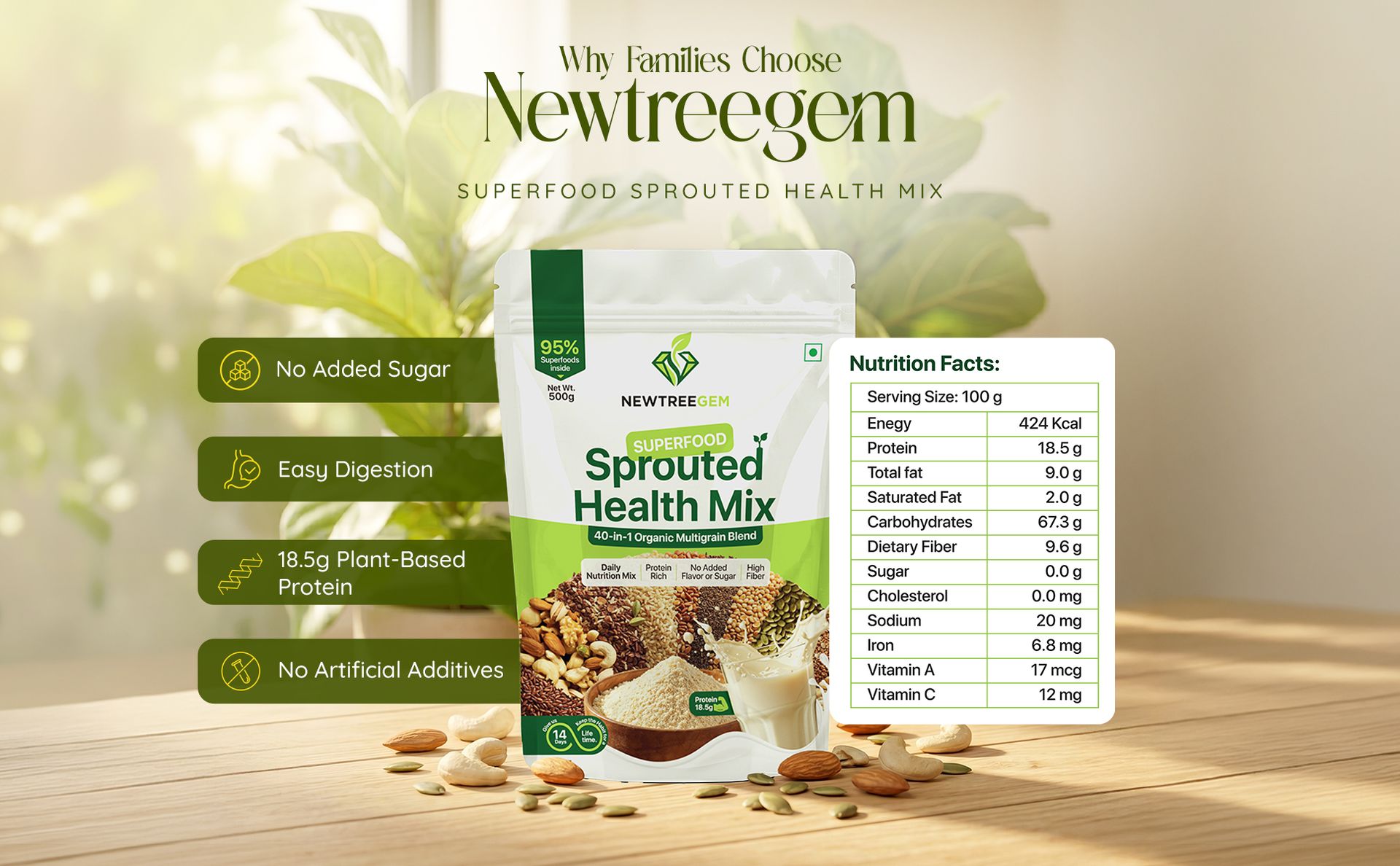 Superfood Health Mix | 40 Natural Ingredients | 18.5g Plant Protein | High Fiber | Low GI | No Added Sugar | Family Nutrition Drink Mix for Energy, Wellness & Daily Health
