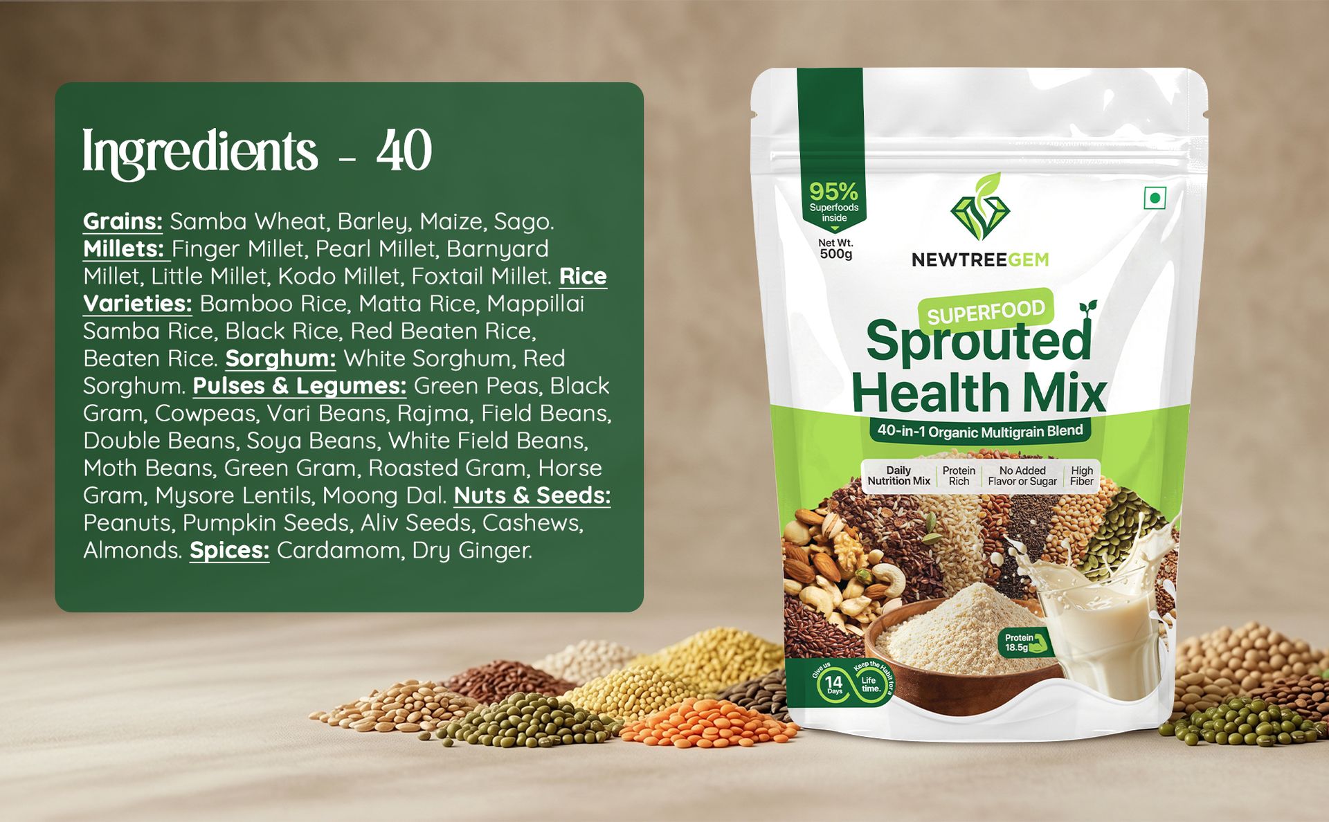 Superfood Health Mix | 40 Natural Ingredients | 18.5g Plant Protein | High Fiber | Low GI | No Added Sugar | Family Nutrition Drink Mix for Energy, Wellness & Daily Health