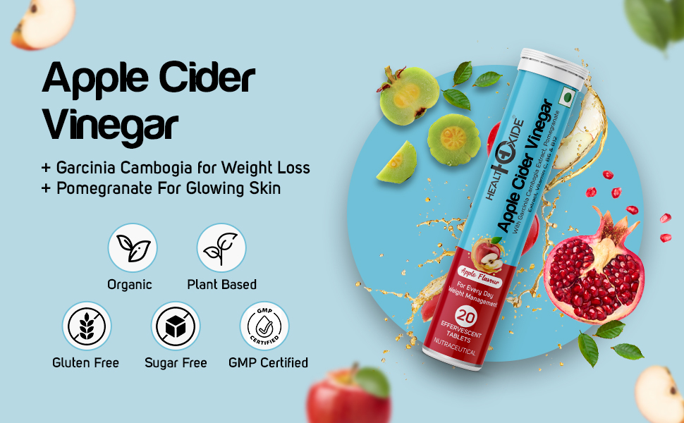 Healthoxide Apple Cider Vinegar Effervescent Tablets with Garcinia Cambogia, Pomegranate Extract, Vitamin B6 & B12 | Sugar Free ACV Fizzy Tablets for Weight Management, Metabolism & Gut Health | 100% Vegan Pack of 01
