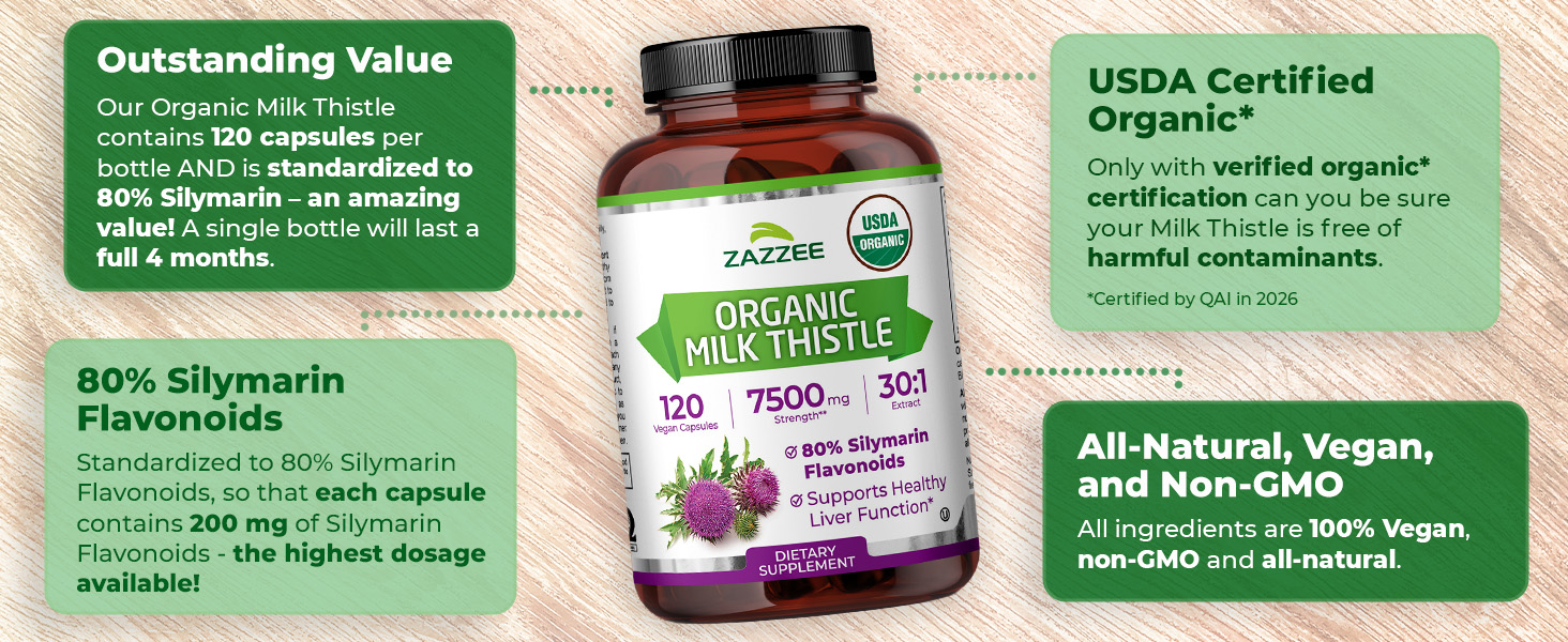 Zazzee USDA Organic Milk Thistle 30:1 Extract, 80% Silymarin, 120 Capsules