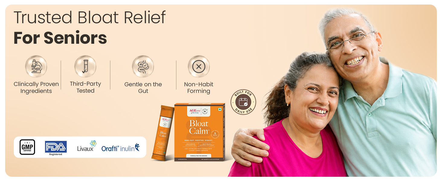 AGEasy x Wellbeing Nutrition Bloat Calm for Seniors | Reduces Bloating & Gas | 3-in-1 Gut Active Formula with Livaux®, 5 Digestive Enzymes & Herbal Extract | Raw Mango Flavour, 15 Sachets