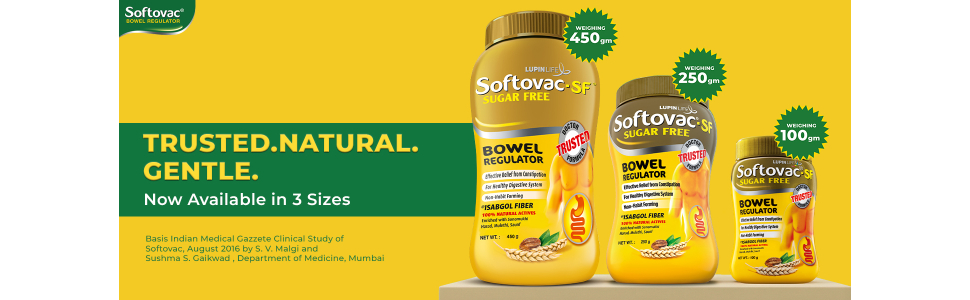 Softovac-SF Isabgol Fiber Plus+ Formula 450g Sugar free Psyllium Husk + Natural Actives Complete Relief from Constipation, Gentle on Stomach - Natural Bowel Regulator for Adults