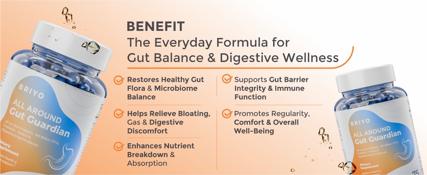 Briyo Gut Health Support – 60 Billion CFU Probiotics with Prebiotics, Digestive Enzymes & Herbs |Gut Guardian Formula to Boost Good Gut Bacteria, Support Digestion & Immunity, and Relieves Bloating