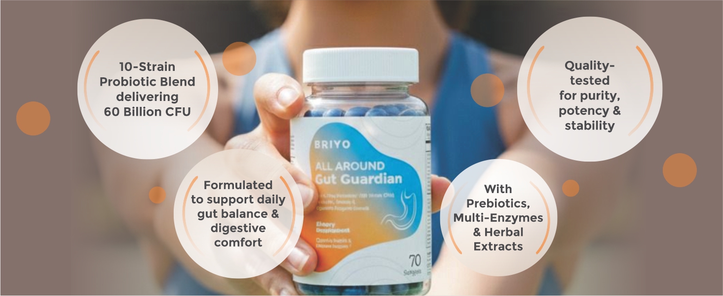 Briyo Gut Health Support – 60 Billion CFU Probiotics with Prebiotics, Digestive Enzymes & Herbs |Gut Guardian Formula to Boost Good Gut Bacteria, Support Digestion & Immunity, and Relieves Bloating