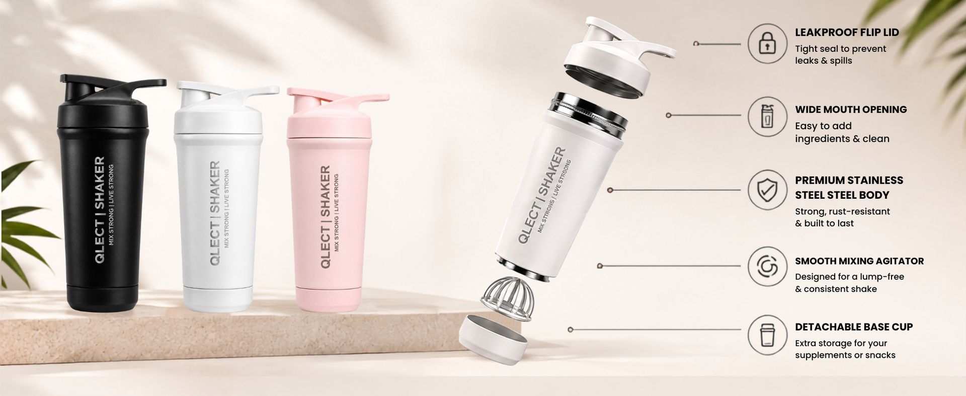 QLECT Stainless Steel Grade 304 Protein Shaker Bottle for Gym | Mixer Agitator | Leak Proof | 2 way Opening & Clenaing | 2 Openings Wide Mouth & Flip Lid | Food Grade Bpa Free | Odor Resistant (700ml)