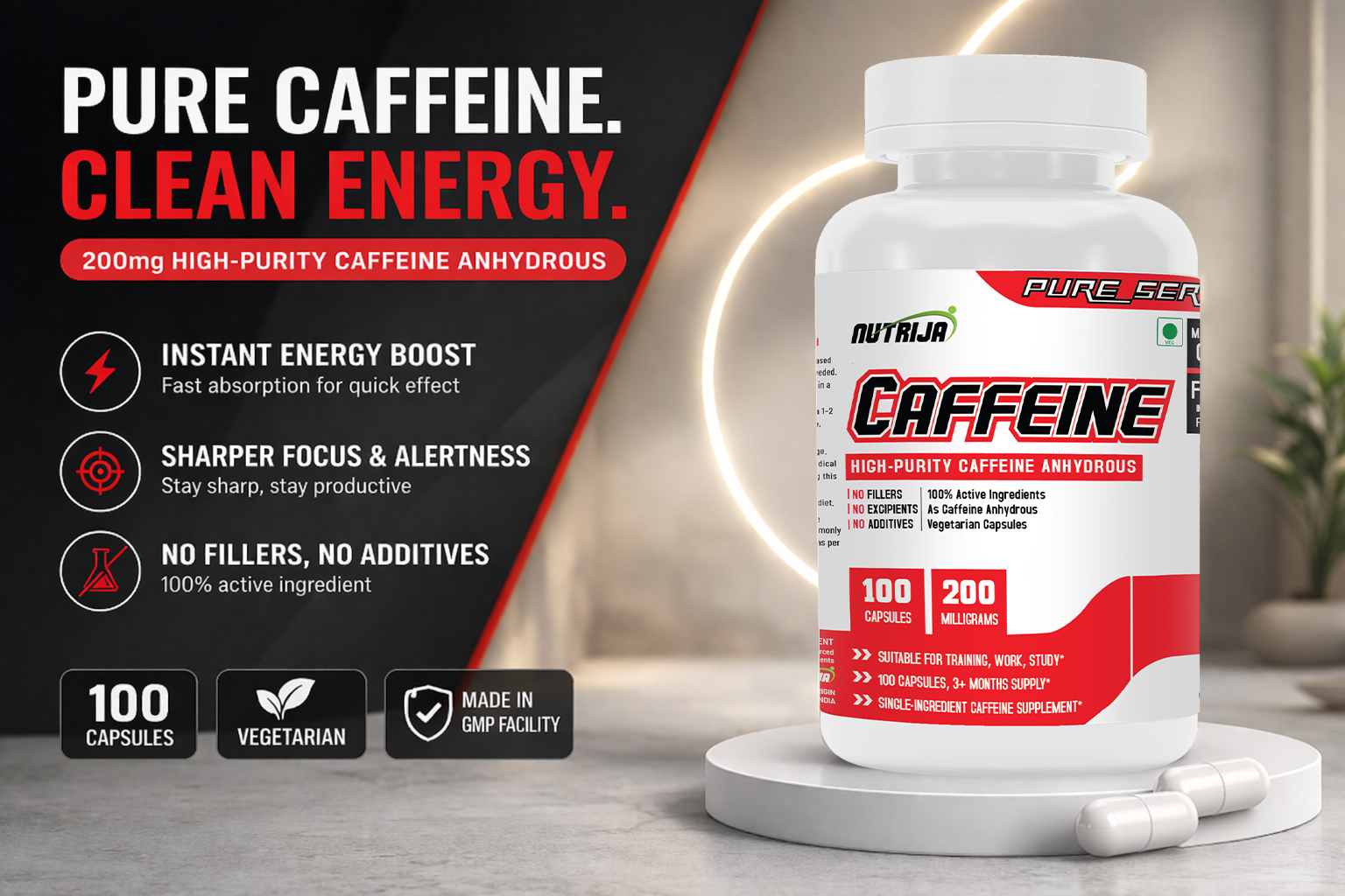 NutriJa Caffeine 200mg 60 Capsules | Pure & Potent | Boosts Performance & Metabolism