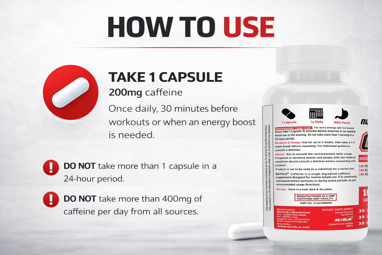 NutriJa Caffeine 200mg 60 Capsules | Pure & Potent | Boosts Performance & Metabolism