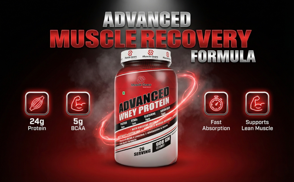 Muscle Gears Advanced Whey Protein | 24g Protein | 5.4g BCAAs | 4g Glutamine | 5g Amino Acids | Digestive Enzymes Blend | Cookies & Cream Flavor | Gluten Free | 2 LBS (908g)