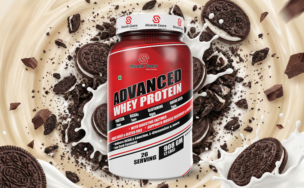 Muscle Gears Advanced Whey Protein | 24g Protein | 5.4g BCAAs | 4g Glutamine | 5g Amino Acids | Digestive Enzymes Blend | Cookies & Cream Flavor | Gluten Free | 2 LBS (908g)