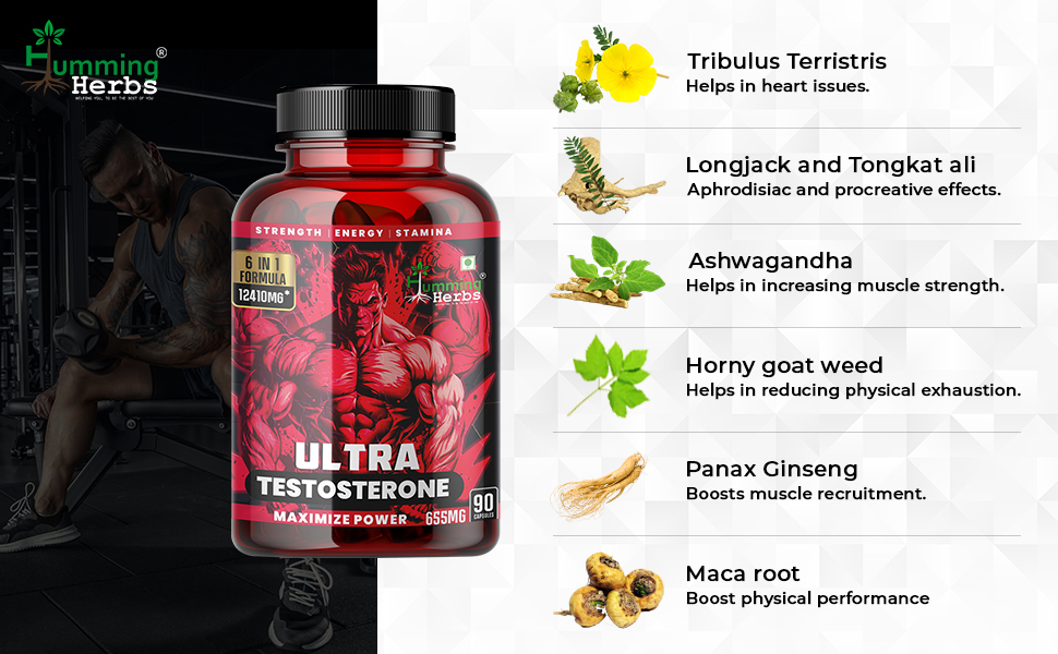 Humming Herbs Ultra Testosterone support for men| Muscle Growth, Energy and Performance with | Tongkat Ali, Tribulus,Arginine and Horny Goat Weed | | 6in1 | 12410 eqv |90 Capsules |, 80 grams