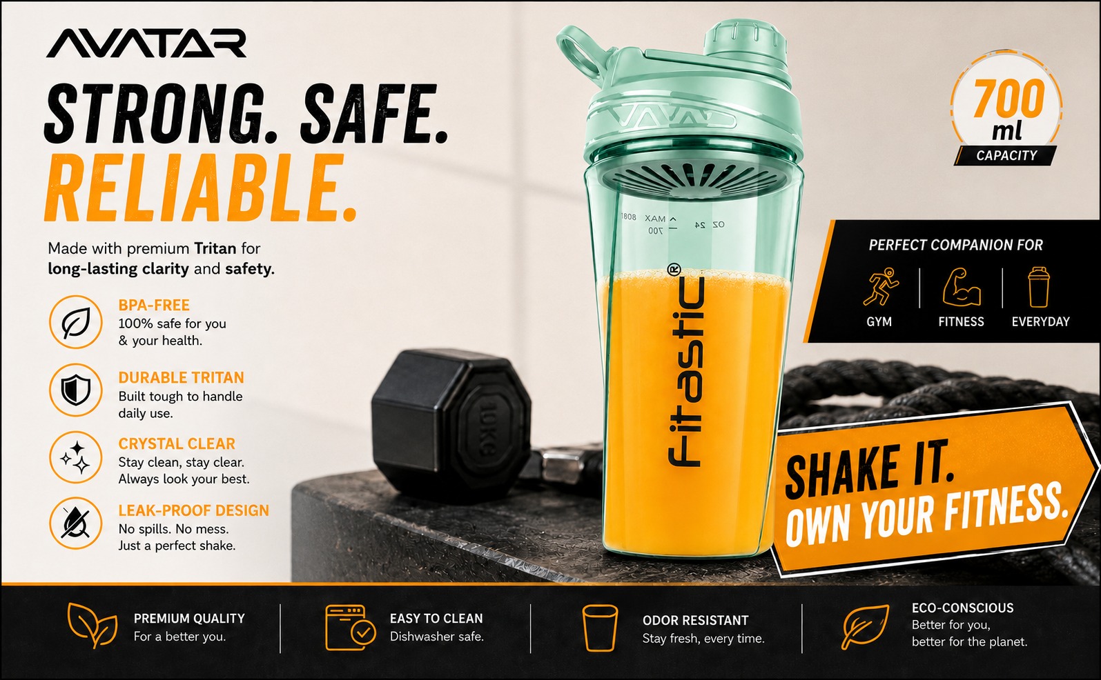 Avatar Leak-Proof, BPA-Free for Pre & Post-Workout 700 ml Tritan Shaker (Pack of 1, Light Green)