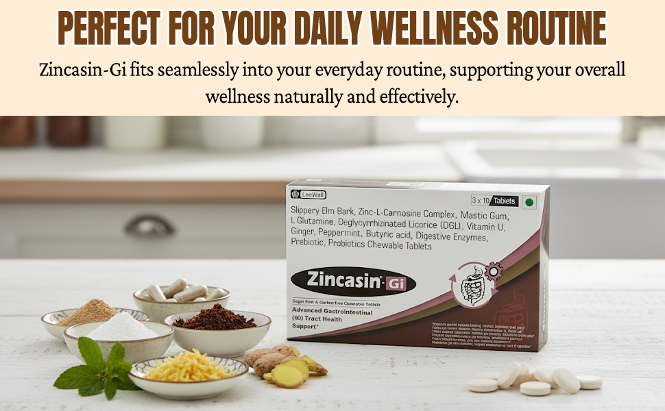 Zincasin -Gi (LeeWell) Chewable Digestive Enzymes, Probiotics | Leaky Gut, Digestion, Gas Bloating Support | Zinc Carnosine, Mastic Gum, L Glutamine, DGL, Vitamin U, Slippery Elm -30 Tablets