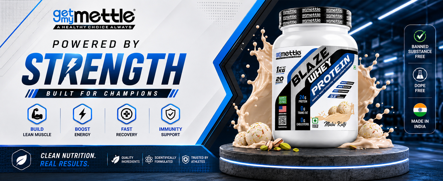 Getmymettle Blaze Whey Protein 2kg Malai Kulfi - 24g Protein, 10.66g BCAA, 8.09g Glutamine, 100% Natural Whey, Enhanced with Digestive Enzymes