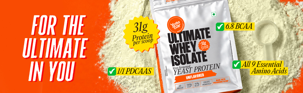 Yogabar Ultimate Whey Protein Powder (Unflavoured) | 31g Complete Protein with Whey Protein Isolate + Fermented Yeast Protein | Added Probiotics & Digestive Enzymes | No Added Sugar | 500g