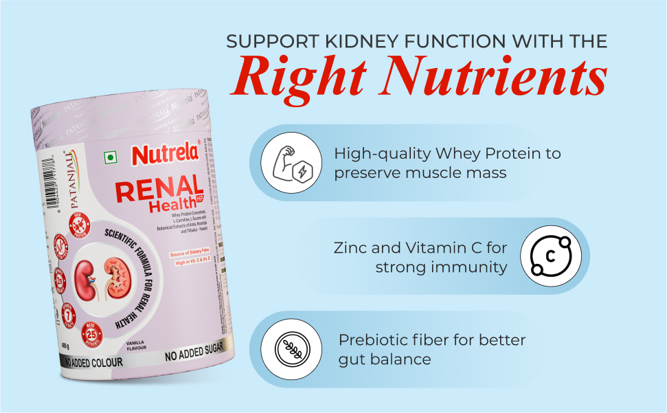 Patanjali Nutrela Renal Health Whey Protein Powder for Kidney Support – 400g, Vanilla Flavour | Dialysis Nutritional Supplement | 23.2g Protein Per 100g with L-Taurine, L-Carnitine & Essential Nutrients