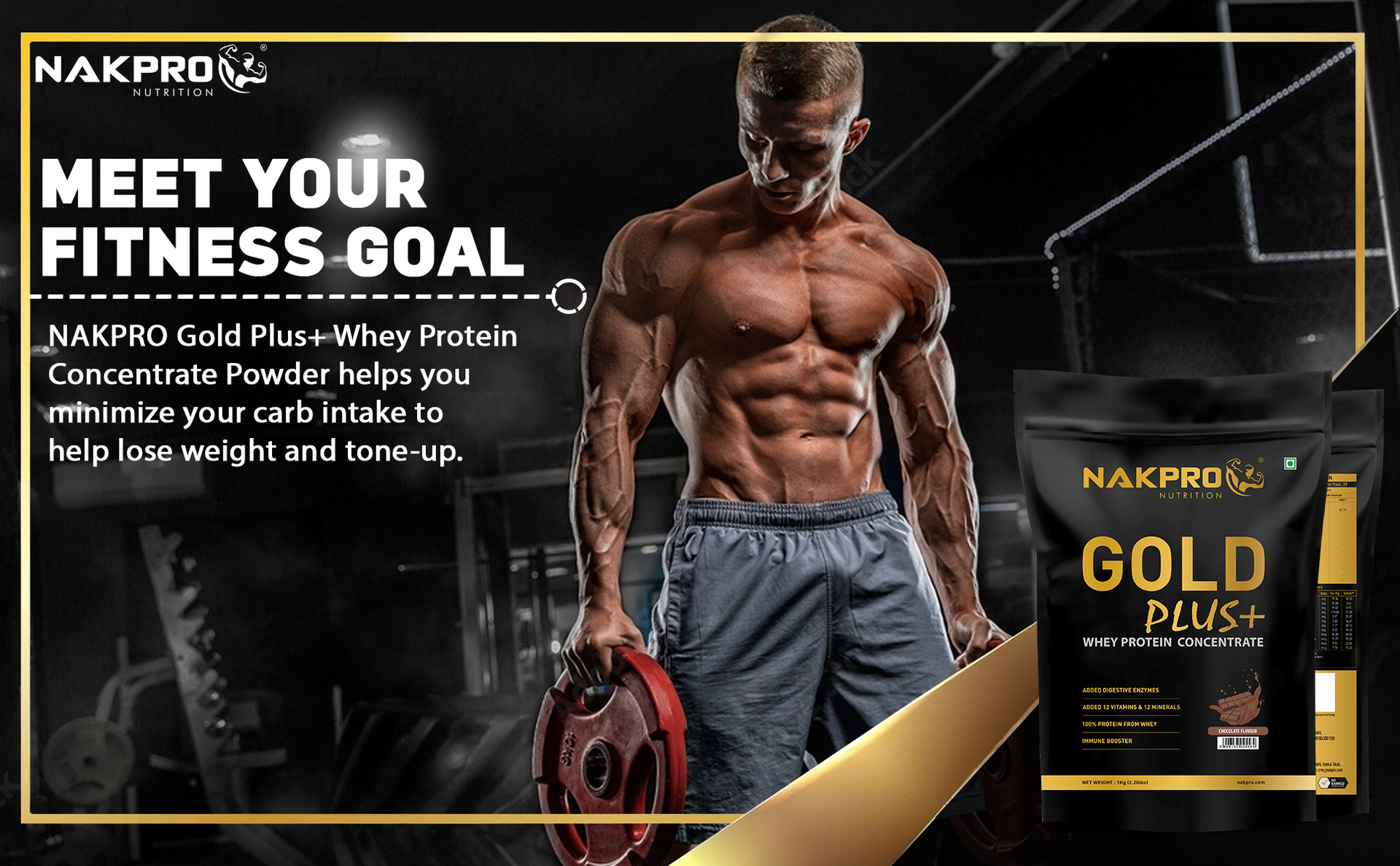 NAKPRO NUTRITION Gold Plus+ Whey Protein Concentrate | 1kg Chocolate | 25.46g Protein |Trustified Certified with Digestive Enzymes, Vitamins & Minerals
