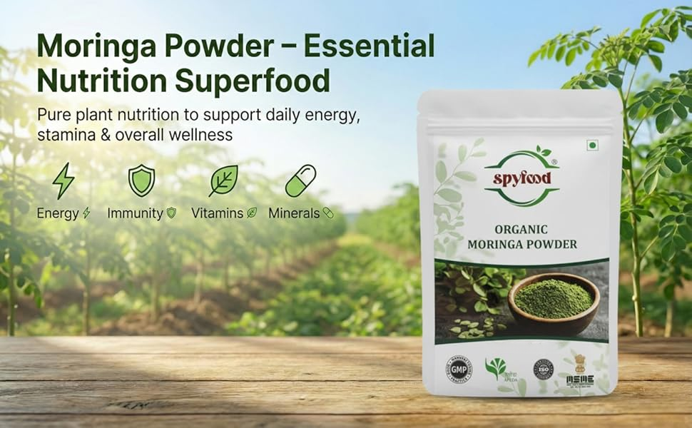 SPYFOOD Organic Moringa Powder 100 grams – From Pure Drumstick Leaves, Natural Energy Booster, Supports Stamina & Vitality, Rich in Vitamins & Minerals Superfood