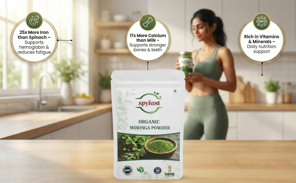 SPYFOOD Organic Moringa Powder 100 grams – From Pure Drumstick Leaves, Natural Energy Booster, Supports Stamina & Vitality, Rich in Vitamins & Minerals Superfood