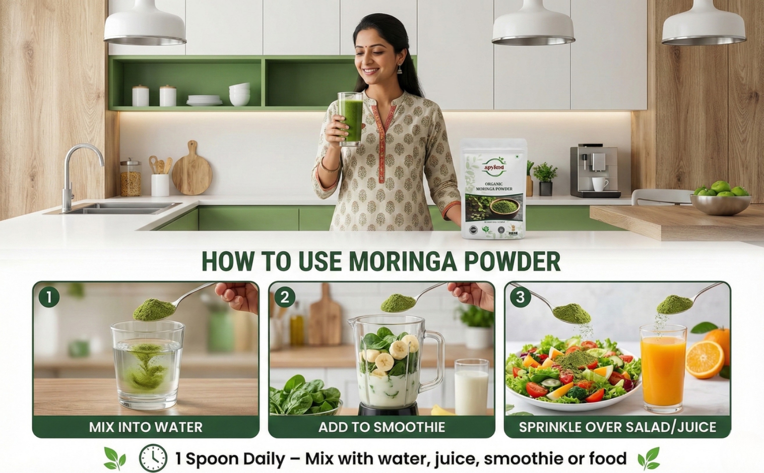 SPYFOOD Organic Moringa Powder 100 grams – From Pure Drumstick Leaves, Natural Energy Booster, Supports Stamina & Vitality, Rich in Vitamins & Minerals Superfood