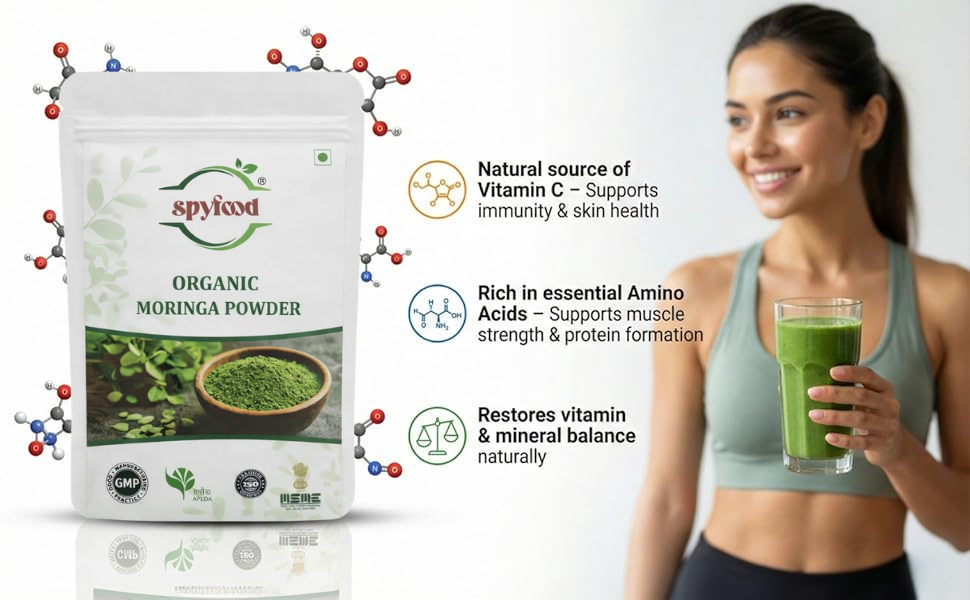 SPYFOOD Organic Moringa Powder 100 grams – From Pure Drumstick Leaves, Natural Energy Booster, Supports Stamina & Vitality, Rich in Vitamins & Minerals Superfood