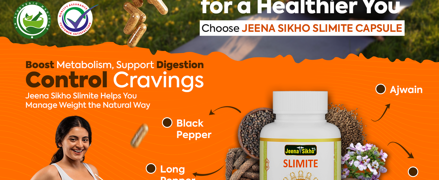 Jeena Sikho Slimite | Ayurvedic Supplement For Gut Health And Burns Calories | Naturally Blended With Harar, Ajwain, And Chitrak Mool | Herbal Remedy To Improve Metabolism, 60 Capsules
