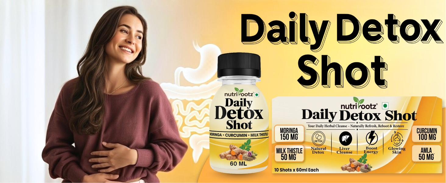 DAILY DETOX SHOT 60ML (Pack of 10) | Liver Detox Drink with Milk Thistle, Moringa, Curcumin & Bhui Amla | Ayurvedic Cleanse for Gut | Liver Care Juice | Gut Cleanse | Improves Probiotic Activity, Gut Health & Digestion | Herbal Detox Drink