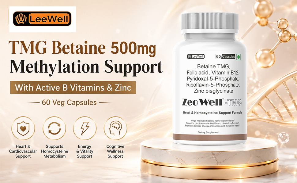TMG (LeeWell) Betaine 500mg Trimethyglycine with Active B Complex Vitamins | Homocysteine Balance, Methylation, Liver Care, Athletic Performance Support - 60 capsules