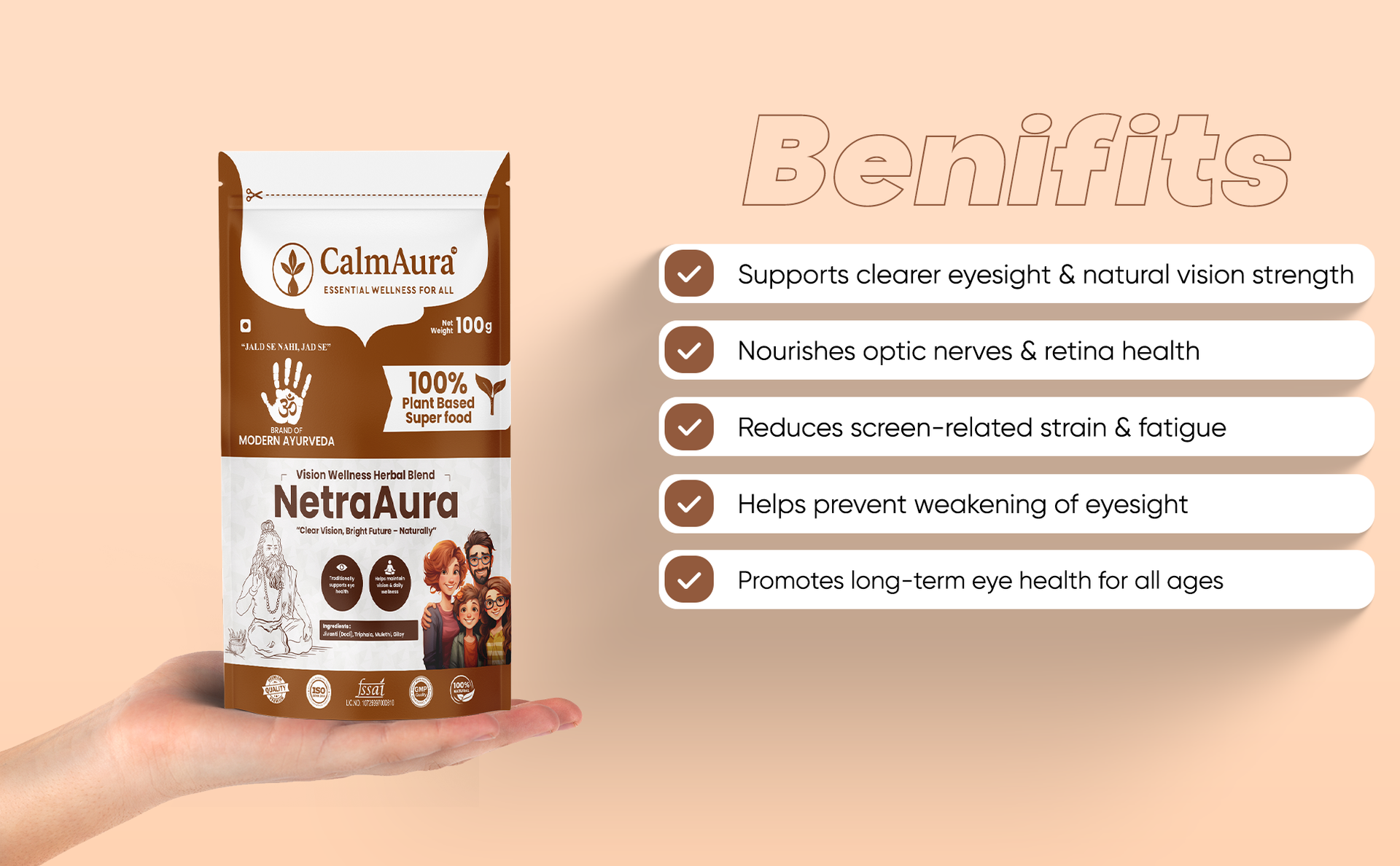 CalmAura NetraAura Ayurvedic Vision Wellness Powder 100g | Herbal Eye Care for Screen Fatigue Relief & Eye Strength with Jivanti Triphala Mulethi Giloy | Vegan