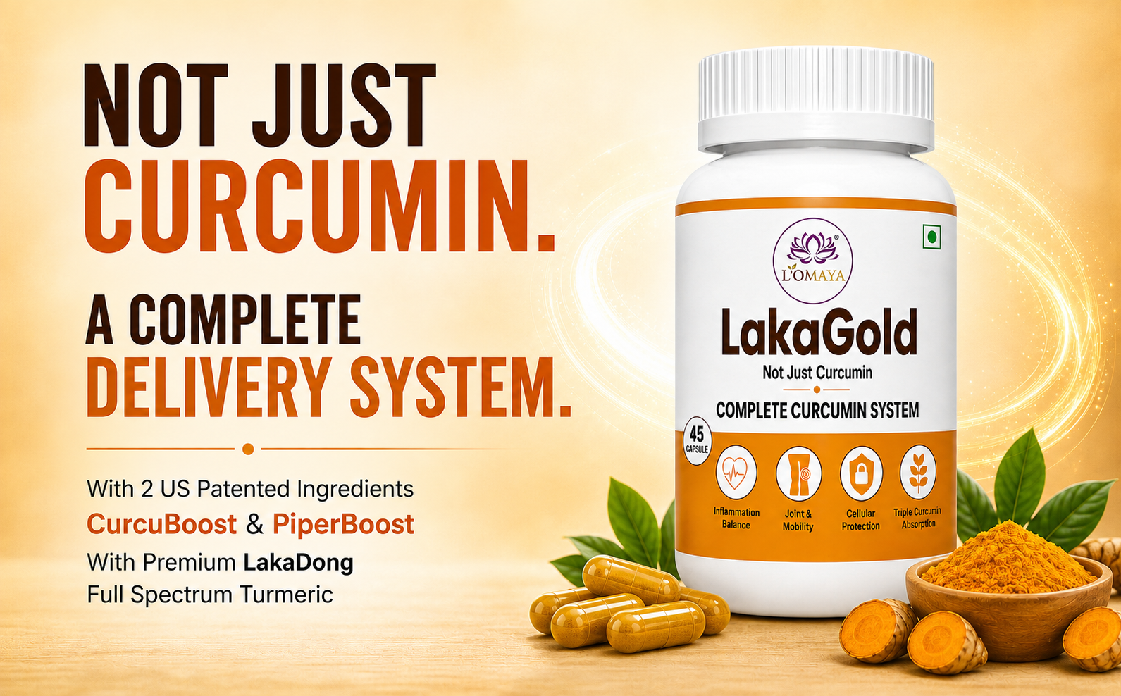 L'Omaya LakaGold | Curcumin Capsules with Piperine | US Patented | Lakadong Turmeric | High-Absorption for Joint, Liver & Immune Support | 45 Veg Capsules