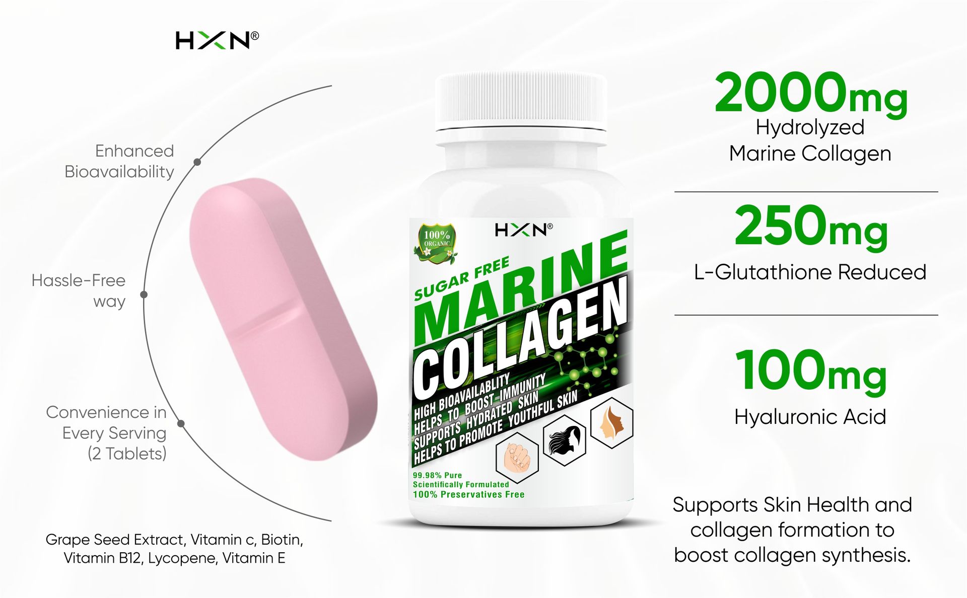 HXN Marine Collagen Peptides | Hydrolyzed Type 1 & 2 Protein for Skin Hair Nails | 99.98% Collagen Powder Supplement | Women -60 Tablets
