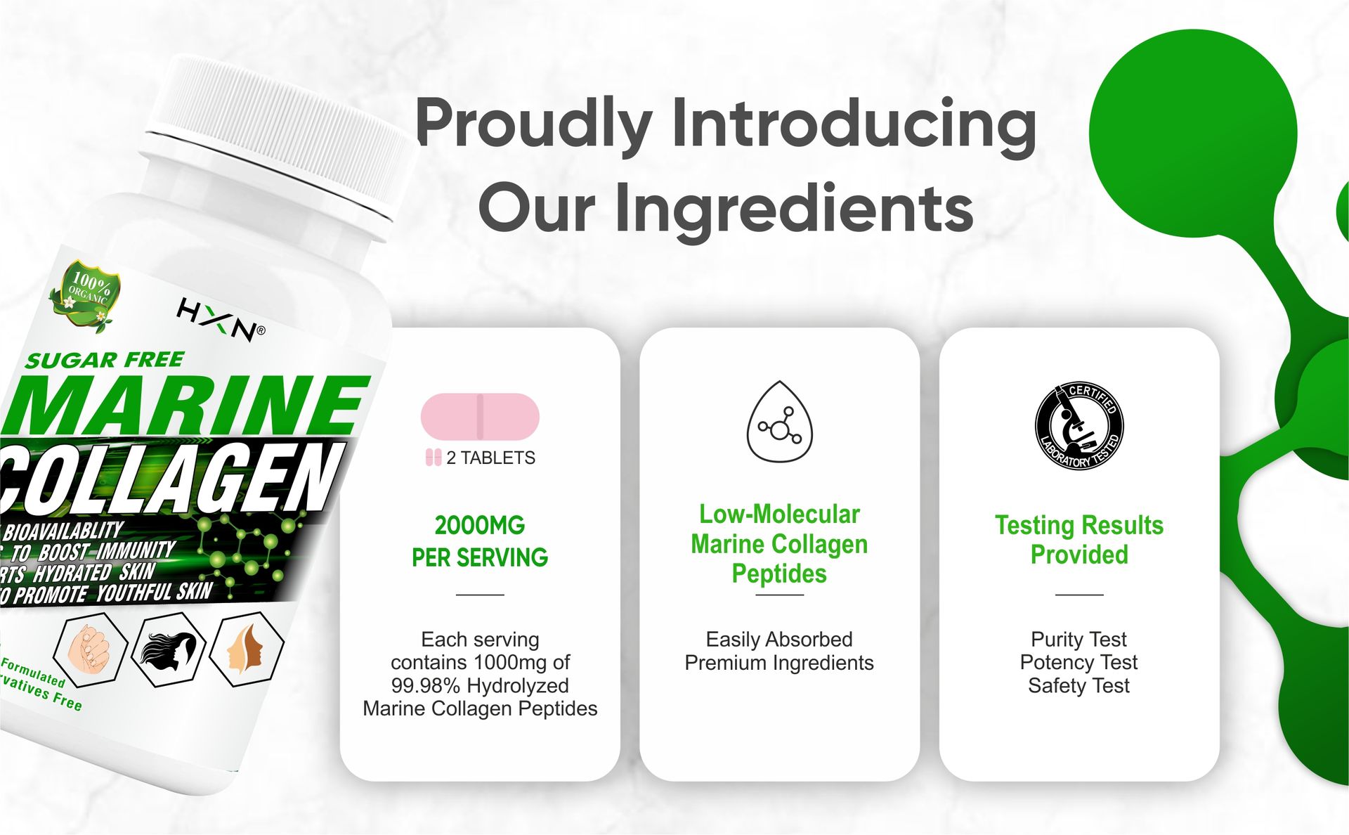HXN Marine Collagen Peptides | Hydrolyzed Type 1 & 2 Protein for Skin Hair Nails | 99.98% Collagen Powder Supplement | Women -60 Tablets