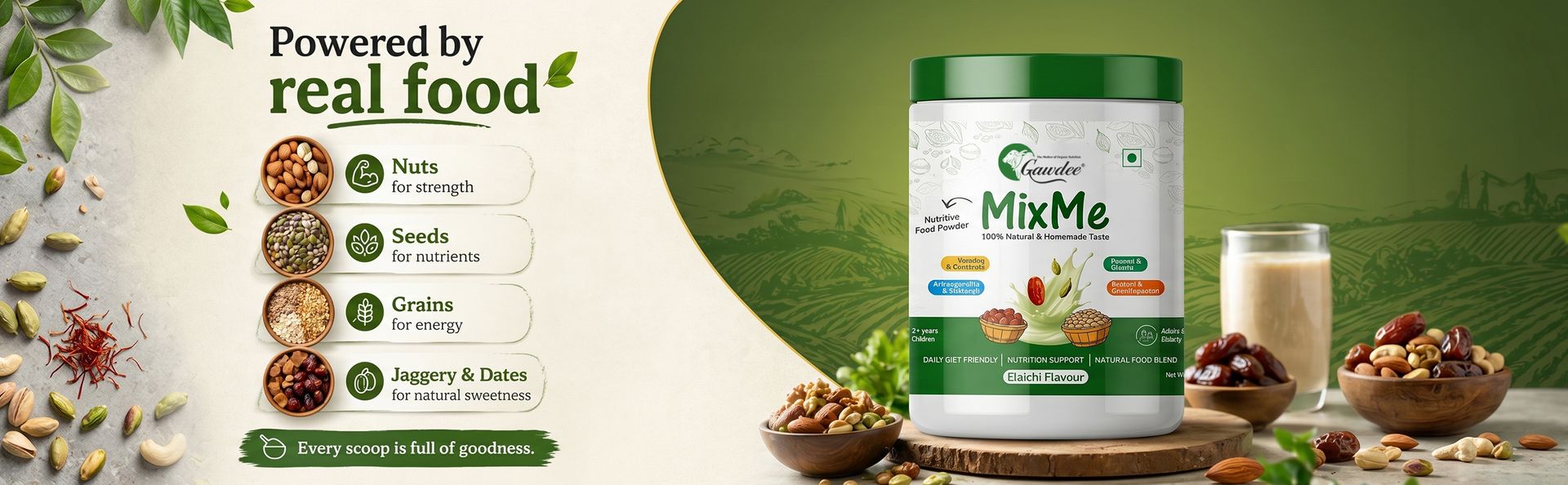 Gawdee MixMe Elaichi Nutrition Powder | 400g | Nuts, Grains, Seeds with Jaggery & Dates | No Refined Sugar | Health Drink Mix for Kids (2+), Adults & Seniors | Daily Family Nutrition Supplement