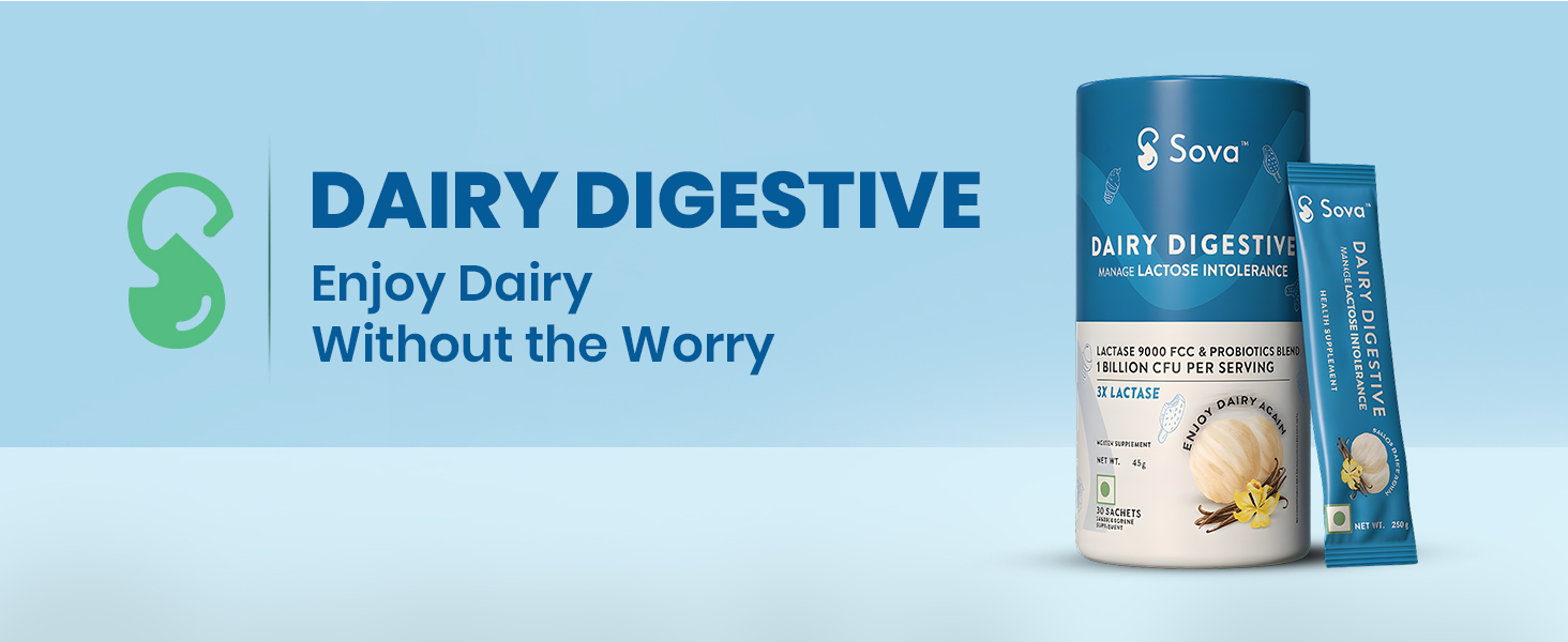 Sova Dairy Digestive Supplement for Lactose Intolerance | Lactase Enzyme Supplement with French Vanilla Flavour | 9000 FCC Lactase with Probiotics, 15 Sachets