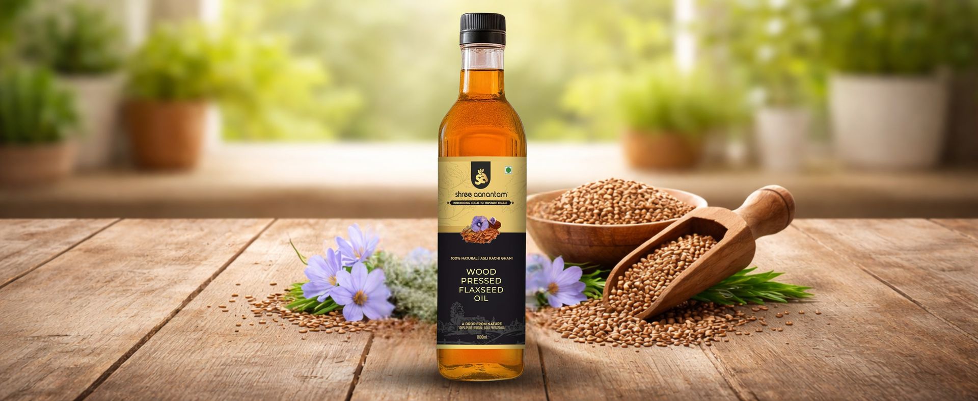 Shree Aanantam 100% Pure Organic Cold Pressed Flax Seed Oil - 1 Litre,High in Omega 3-6-9 (Pack of 3)