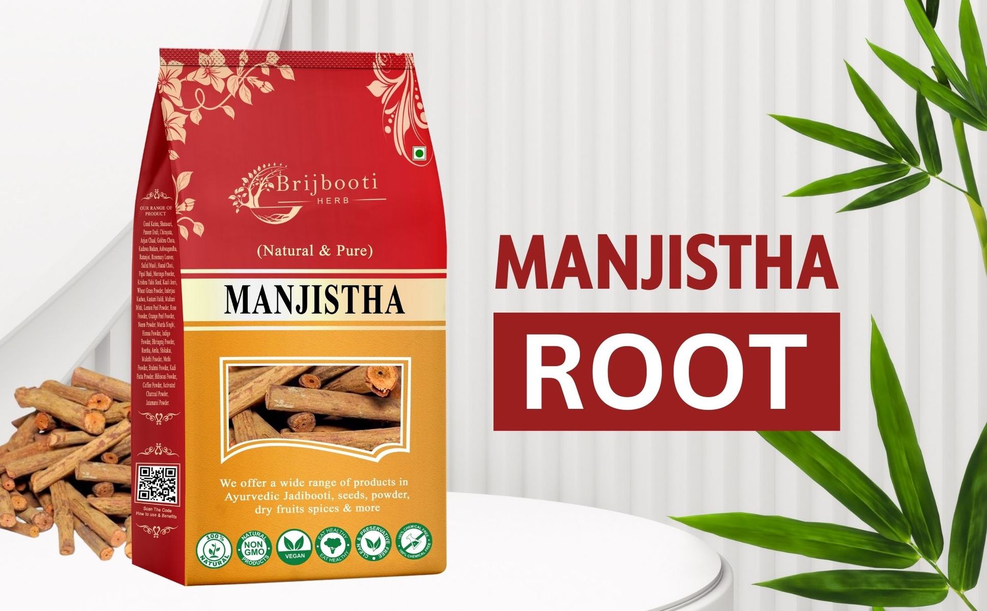 Brijbooti Organic Manjistha (100 gm) | Rubia Cordifolia | Manjishtha Root | Manjishta | Manjishta | Manjista