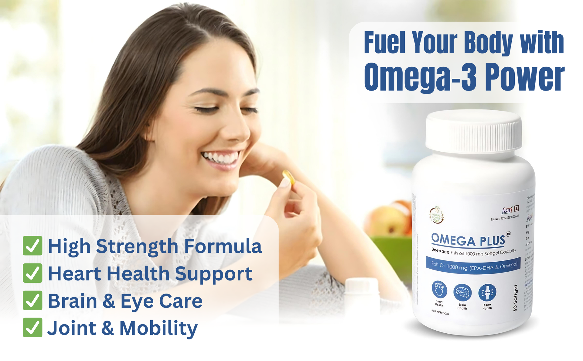 Omega Plus Softgel Capsules | Omega 3-6-9 with EPA, DHA & Vitamin E | Heart, Brain, Joint & Immunity Wellness | 60 Softgels