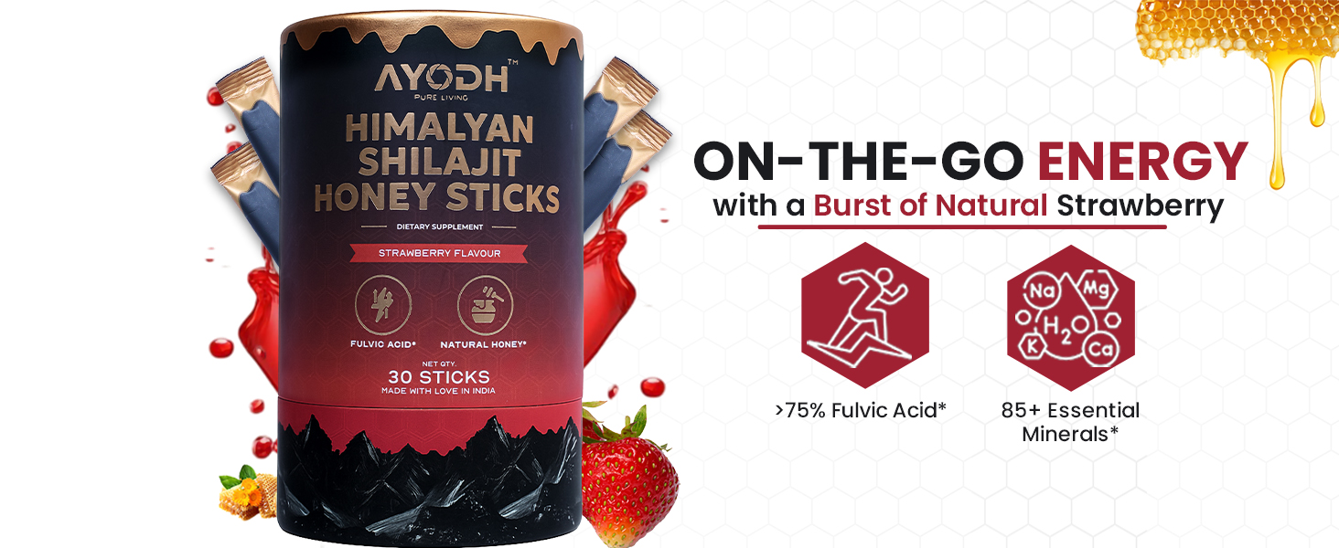 Pure Himalayan Shilajit Honey Sticks with Honey & Strawberry 30 Sticks | 75%+ Fulvic Acid, 85+ Trace Minerals | Support Energy & Immunity | Easy Single-Use Packets for Men & Women