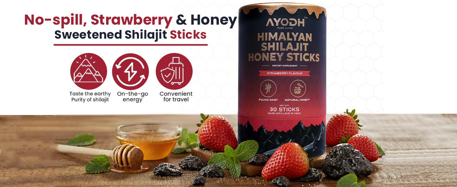 Pure Himalayan Shilajit Honey Sticks with Honey & Strawberry 30 Sticks | 75%+ Fulvic Acid, 85+ Trace Minerals | Support Energy & Immunity | Easy Single-Use Packets for Men & Women