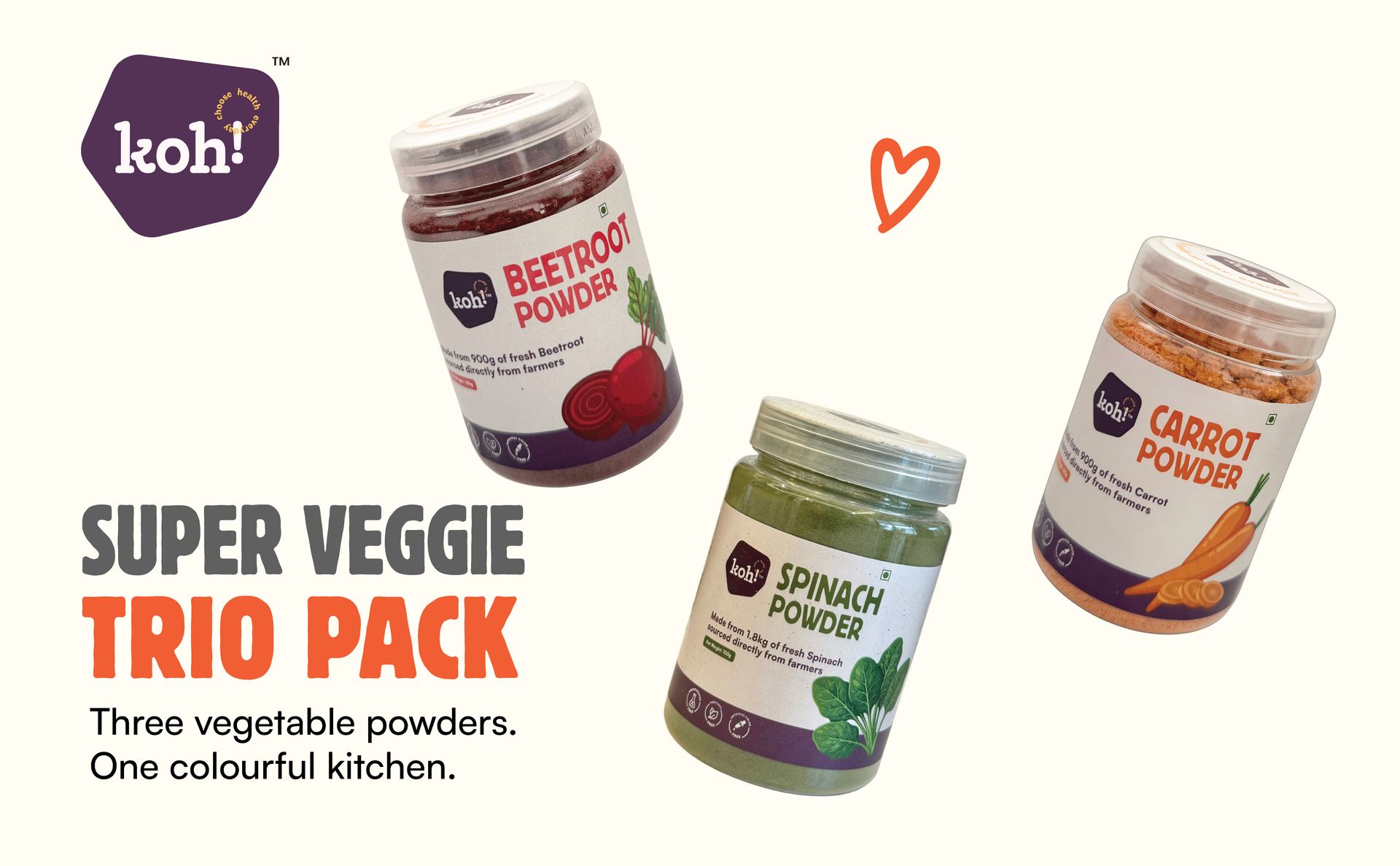 KOH Super Veggie Trio Combo Pack Of 3 - Beetroot, Carrot & Spinach Powder | Pure & Natural Superfoods for Cooking, Smoothies & Skincare | Rich in Vitamins, Protein, Fiber | No Additives