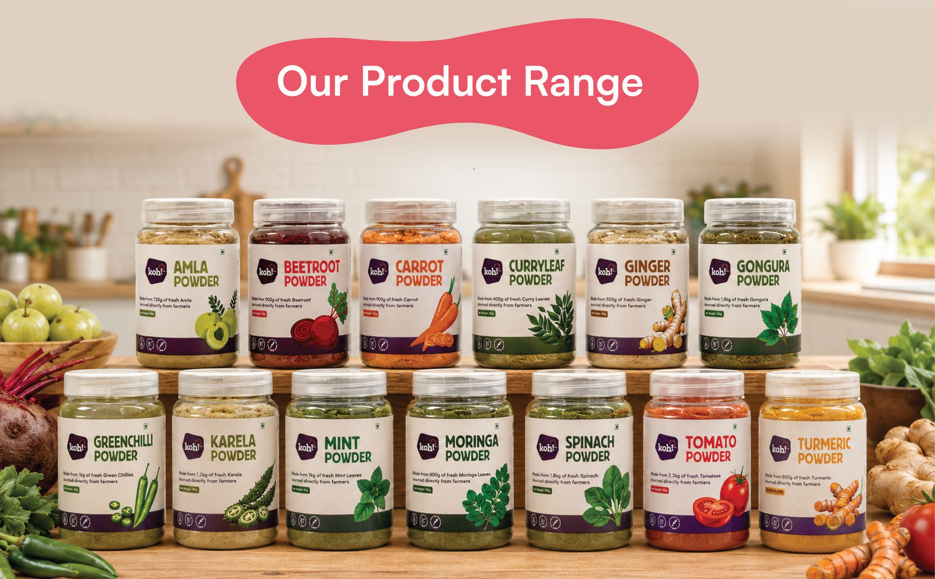 KOH Super Veggie Trio Combo Pack Of 3 - Beetroot, Carrot & Spinach Powder | Pure & Natural Superfoods for Cooking, Smoothies & Skincare | Rich in Vitamins, Protein, Fiber | No Additives