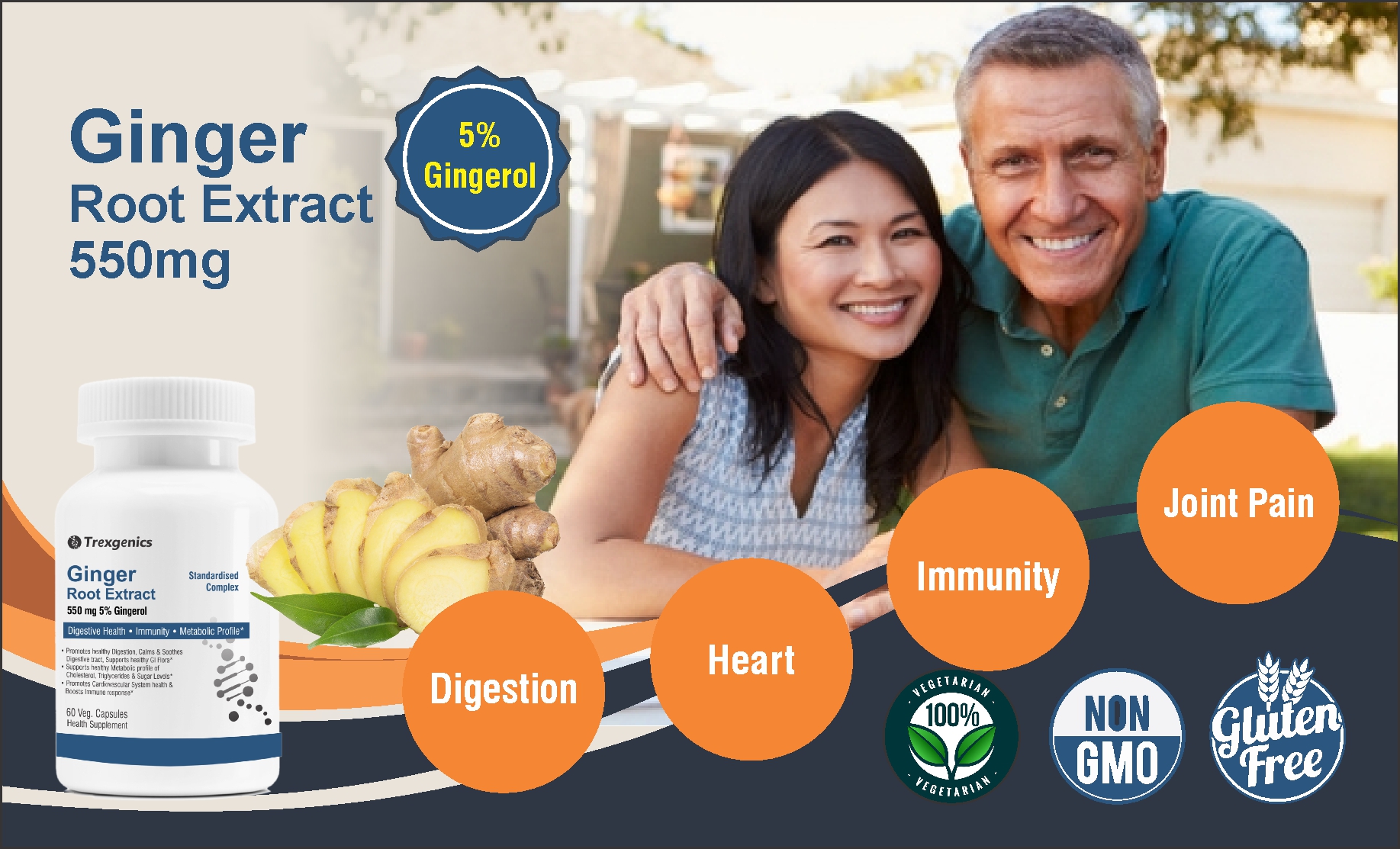 Trexgenics GINGER (Bioactive 5% Gingerol) 550 mg Standardized for Digestive Health, Immunity, Metabolic Profile, Immunity Support (60 Vcaps) (1)